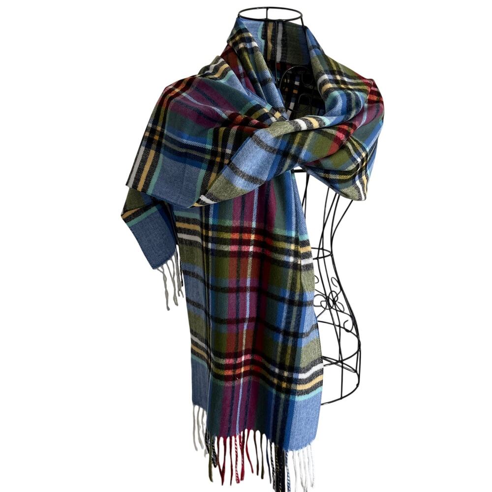Vintage 100% Cashmere Tartan Plaid Fringe Scarf Sky Blue Retro Preppy Classic